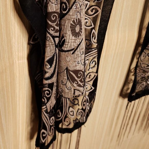 Unbranded Womens Black Tan Semi Sheer Fringe Scarf OS - Picture 2 of 2